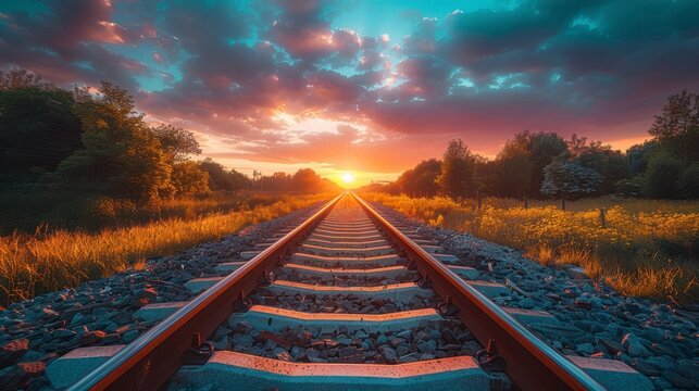 Railroad tracks receding into horizon, sun setting with clouds overhead, vegetation on each side - Powered by Adobe