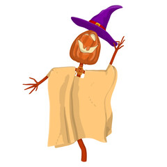 Halloween Scarecrow Lantern Jack pumpkin funny and cute. One of the symbols of the autumn holiday. Vector illustration.