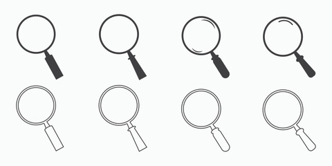 Set of a search and research magnifying glass icon. Lens, look magnifier, loupe sign. Vector Illustration.