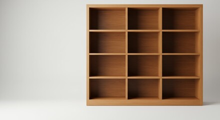 Minimalist wood bookshelf features empty shelves, conveying a sense of order and potential.