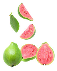 fresh pink guava fruit with slices on transparent background
