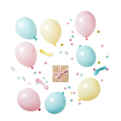 Festive birthday celebration with balloons confetti and gift box isolated on transparent background