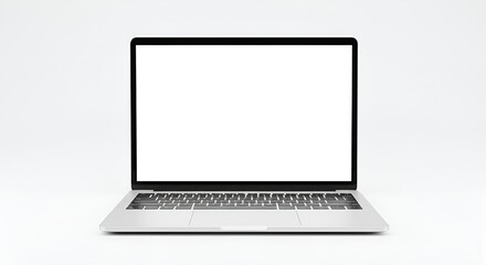 Fototapeta premium A sleek silver laptop is displayed with a clean white screen on a minimalist white background setup.