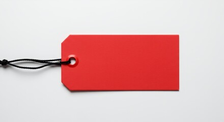 Vibrant red tag displayed on a clean, white surface with a black string attached neatly.