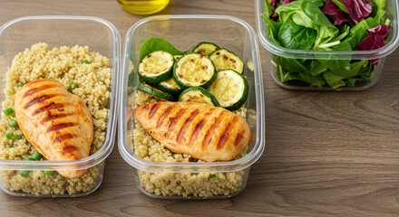 Healthy Meal Prep with Grilled Chicken, Quinoa, Zucchini, Spinach, and Salad in Clear Containers