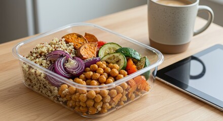 Healthy Meal Prep with Quinoa, Chickpeas, and Colorful Vegetables in a Transparent Container