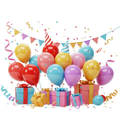 Vibrant celebration scene with balloons gifts party hats and confetti isolated on transparent background