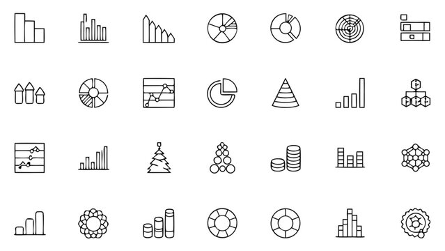 Collection of various outline style data visualizations and chart icons arranged in a grid pattern
