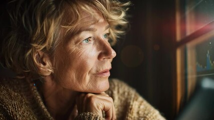 close-up portrait of a thoughtful senior female investor aged 60+, reviewing market data on a digital tablet, golden hour light streaming through window, professional yet warm atmosphere - Powered by Adobe