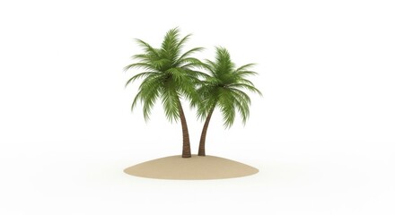 Obraz premium Two palm trees stand on a sandy island isolated on white background