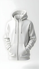 Isolated White Zip-up Hoodie with Pockets on Clean Background