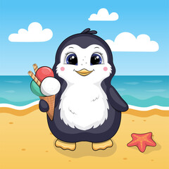 A Cute Cartoon Giraffe with an Ice Cream on the Beach. Summer animal vector illustration with sea, sun, sand, starfish.