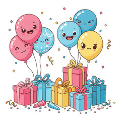 Cute kawaii birthday balloons and gifts with confetti and streamers isolated on transparent background