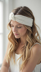 Woman Wearing Knitted Headband with Downcast Eyes in Natural Light