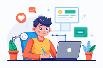 Vector illustration of a human developer working on a laptop with the assistance of a friendly AI robot