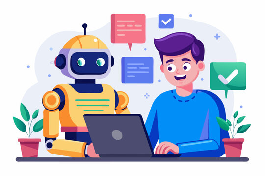 Vector illustration of a human developer working on a laptop with the assistance of a friendly AI robot