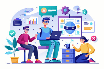 Vector illustration of a human developer working on a laptop with the assistance of a friendly AI robot