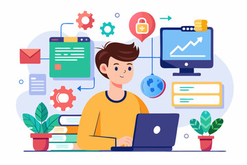 Vector illustration of a human developer working on a laptop with the assistance of a friendly AI robot