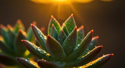 Close-Up of Succulent Plant with Dew Drops Glimmering Under Golden Sunset Light in Soft Focus Background