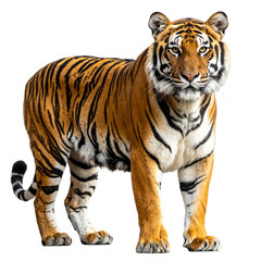 Obraz premium Powerful Bengal Tiger Standing Still with Intense Gaze, Isolated on Transparent PNG Background