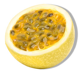 passion fruit cut in half on transparent background.
