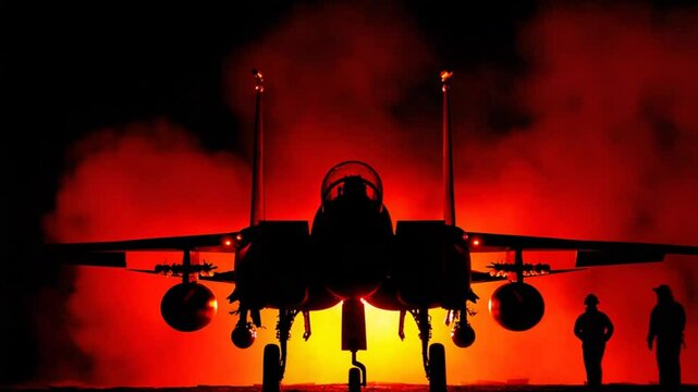 Striking Silhouette: F-15 Eagle Fighter Jet Prepares for Night Mission, Awaiting Flight