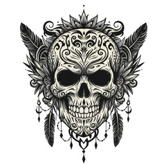 Decorative Skull with Feathers Tattoo Style Tribal Vector Illustration