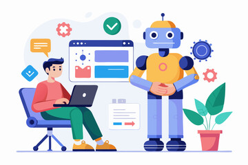 Vector illustration of a human developer working on a laptop with the assistance of a friendly AI robot