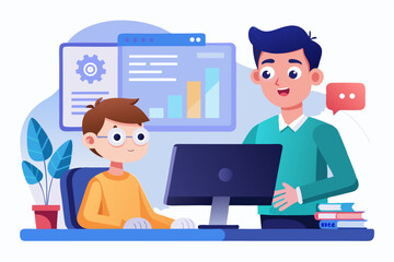 Vector illustration of a human developer working on a laptop with the assistance of a friendly AI robot