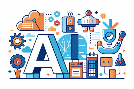 Vector illustration of a human developer working on a laptop with the assistance of a friendly AI robot