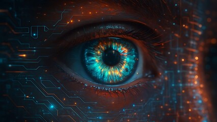 Close up of a human eye with a futuristic digital circuit pattern overlay