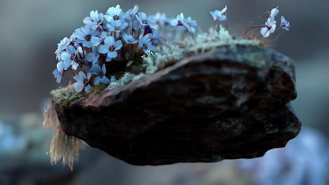 Light Blue Wildflowers Blooming on Dark Rock with Moss in Soft Lighting Still Life Fine Art