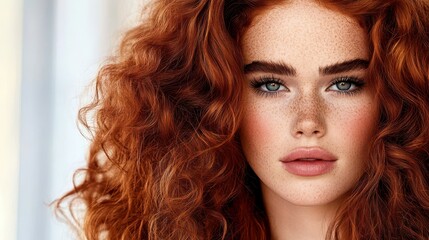 Fototapeta premium Radiant Beauty: A portrait of a stunning woman with vibrant red hair, freckled skin, and captivating eyes, exuding elegance and natural beauty.