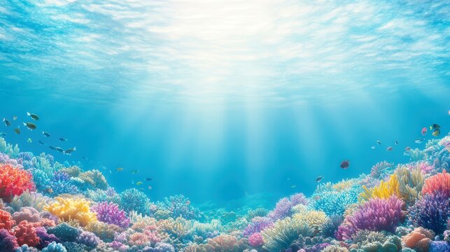 Underwater Paradise: A vibrant underwater scene showcases a flourishing coral reef bathed in the ethereal glow of sunlight, teeming with life and color.