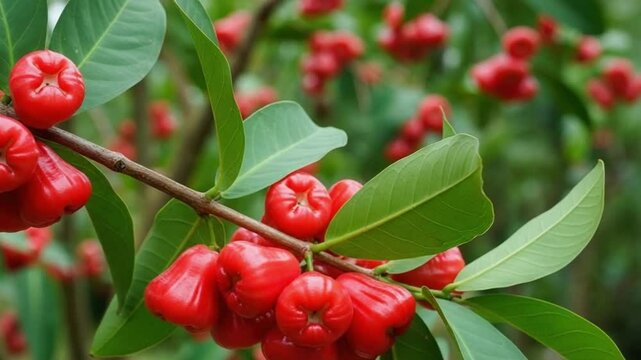 Wax Apples Hanging in Clusters on Tree &ndash; Tropical Summer Fruit Ready to Harvest