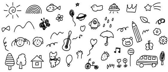 可愛い手書きの落書き風素材セット　白黒の天気やお花・動物・子供の顔・木などの素材セット