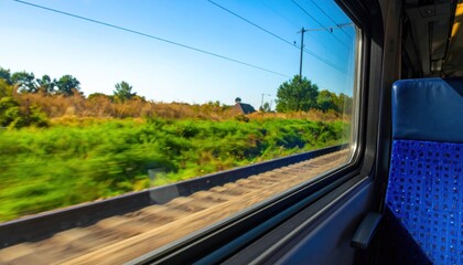 Train window view of a rural landscape