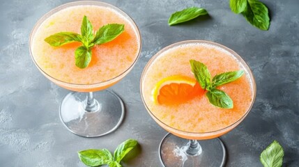 Citrus Cocktails and Fresh Basil:  A top-down view presents two elegant glasses of vibrant citrus cocktails, garnished with sprigs of fresh basil and a hint of orange.