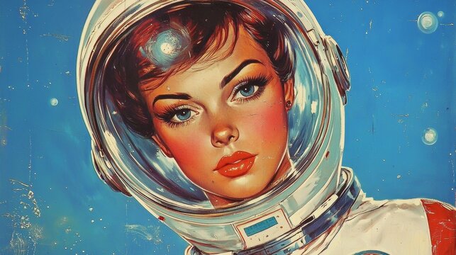 Vintage-inspired artwork of a female astronaut explores the cosmos.