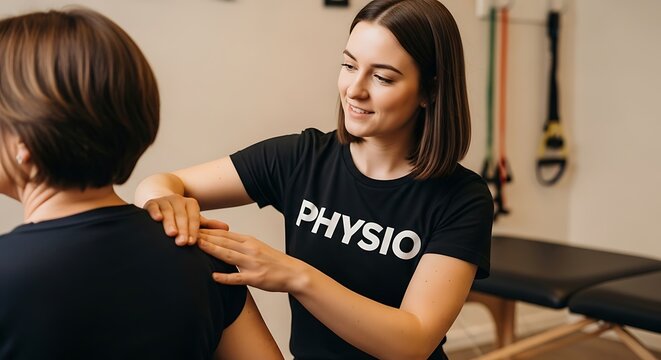Physiotherapist Gently Examining Patient's Shoulder for Pain Relief - Powered by Adobe