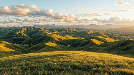 Rolling green hills landscape at sunset with scenic view of valleys and mountains under cloudy skies