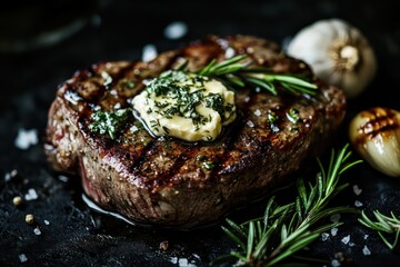 Grilled Steak with a Smoky Char and Tender Juiciness . Fruits Background