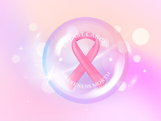 Breast cancer awareness pink ribbon logo in Transparency glassmorphism circles. Shiny, glossy, reflective surface 3D illustration vector design.