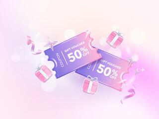 Holographic gradient chrome color a coupon tag label. 50 percent discount offer tag with shiny, glossy, reflective surface. Sale price promo sign. Special offer symbol.