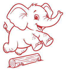 A Red Outline Drawing of a Cheerful Cartoon Elephant Jumping Over a Log