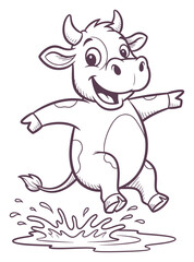 Cartoon Illustration of a Happy Cow Splashing in a Puddle, Line Art