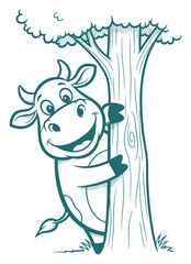 Cute Cartoon Cow Peeking from Behind a Tree, Vector Outline Drawing