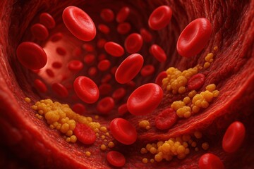 Microscopic Flow: The vibrant lifeblood navigates the inner arteries, where it meets blockages in a meticulously detailed medical illustration that sparks intrigue and educational understanding.