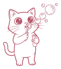 Cute Outline Cartoon Cat Blowing Bubbles with Wand and Bottle