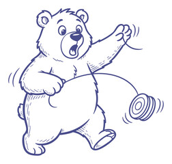 Cartoon Bear with Surprised Expression Playing with a Yo-Yo, Outlined in Blue